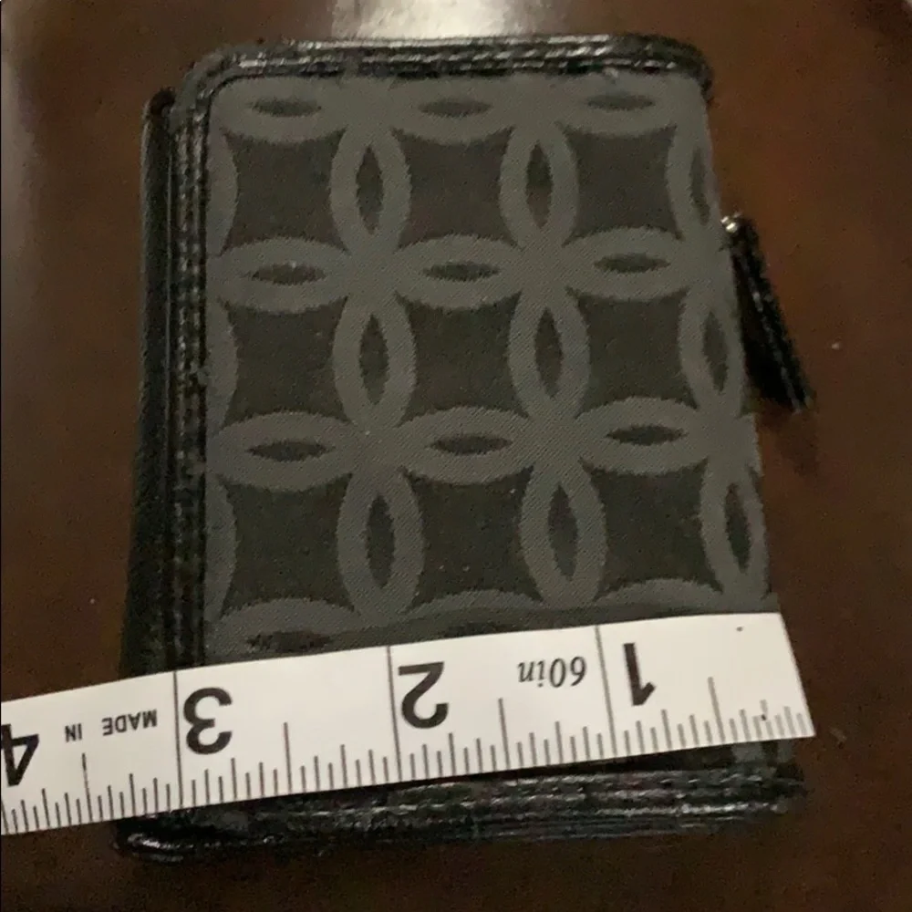 Black faux leather wallet w/fabric on front